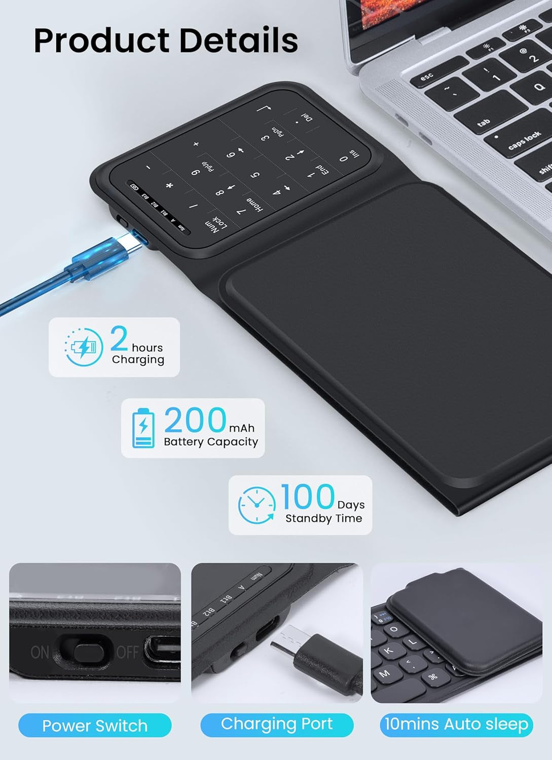 Foldable Bluetooth Keyboard with Number Pad, Rechargeable Pocket Wireless Folding Keyboard with Trackpad for Ipad, Tablet, Windows, PC, Mini Travel Keyboards for Laptop, IOS, Android