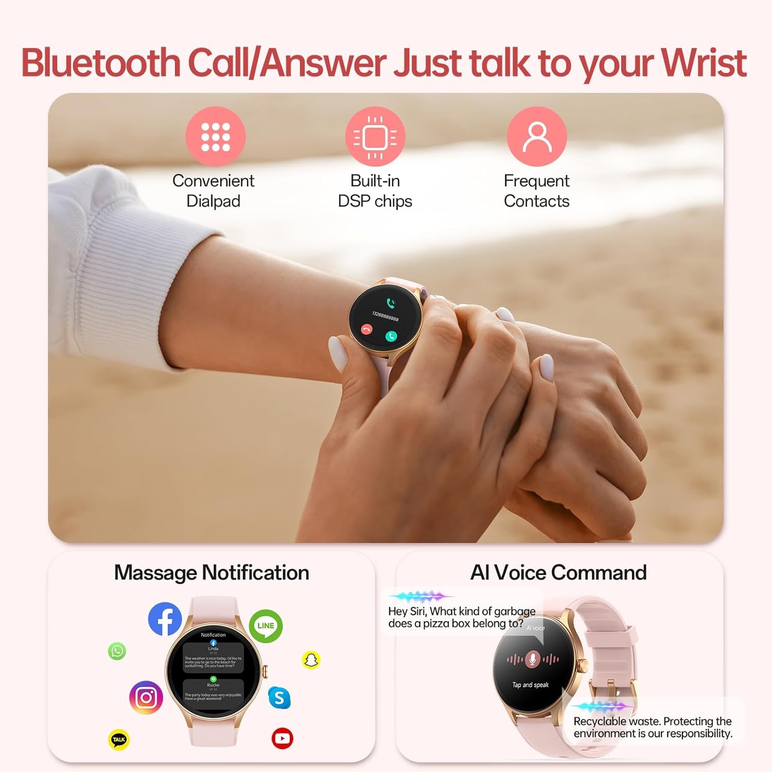 Smart Watches for Men Women, 1.27" HD 40Mm round Smartwatch(2 Bands) with Bluetooth Calls (Make/Answer),Fitness Tracker with Heart Rate/Sp02/Sleep Monitor,110+ Sport Modes IP68 Waterproof, Pink