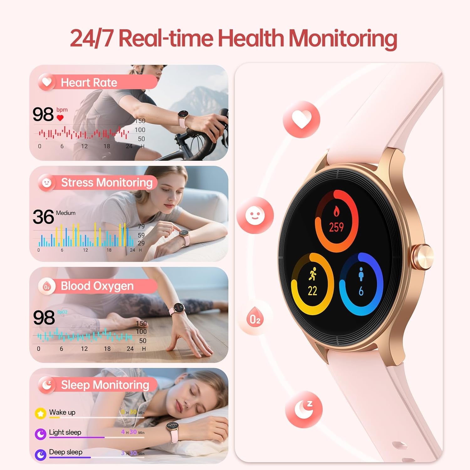 Smart Watches for Men Women, 1.27" HD 40Mm round Smartwatch(2 Bands) with Bluetooth Calls (Make/Answer),Fitness Tracker with Heart Rate/Sp02/Sleep Monitor,110+ Sport Modes IP68 Waterproof, Pink