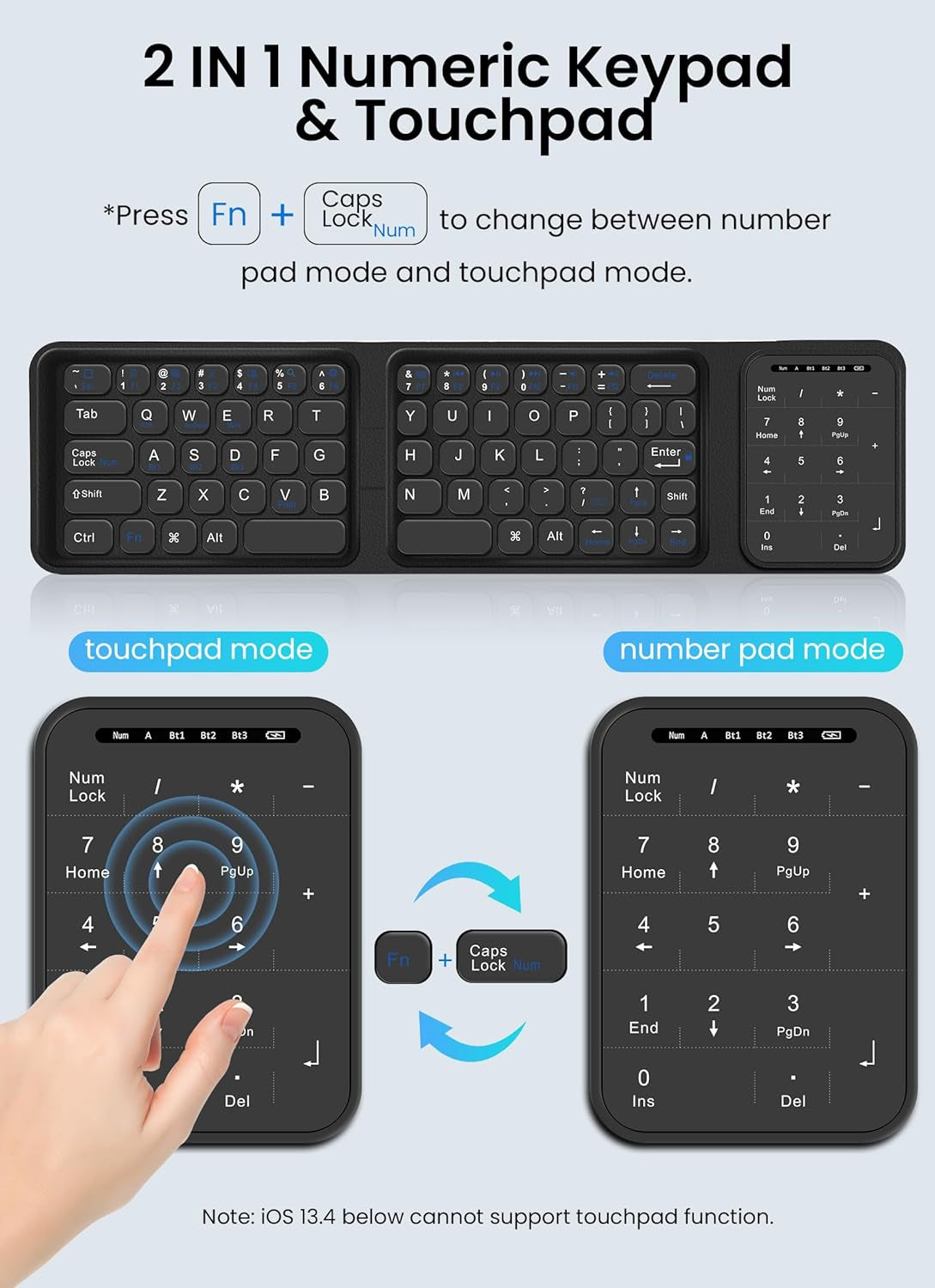 Foldable Bluetooth Keyboard with Number Pad, Rechargeable Pocket Wireless Folding Keyboard with Trackpad for Ipad, Tablet, Windows, PC, Mini Travel Keyboards for Laptop, IOS, Android