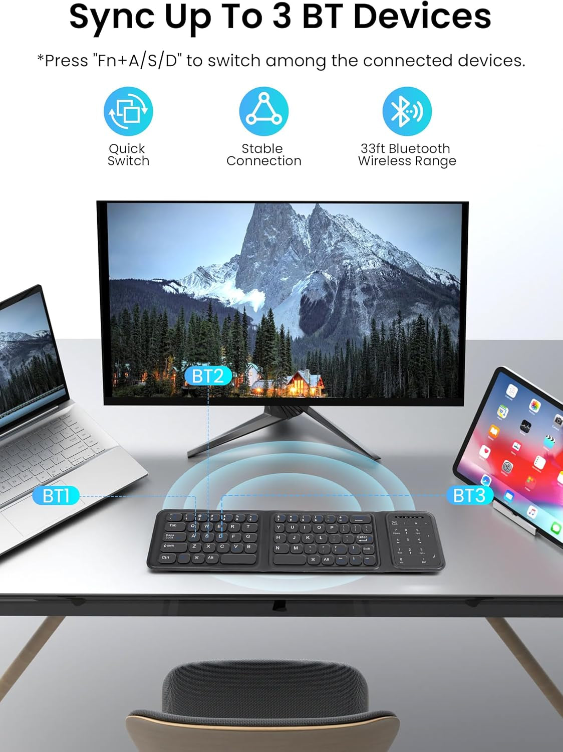 Foldable Bluetooth Keyboard with Number Pad, Rechargeable Pocket Wireless Folding Keyboard with Trackpad for Ipad, Tablet, Windows, PC, Mini Travel Keyboards for Laptop, IOS, Android